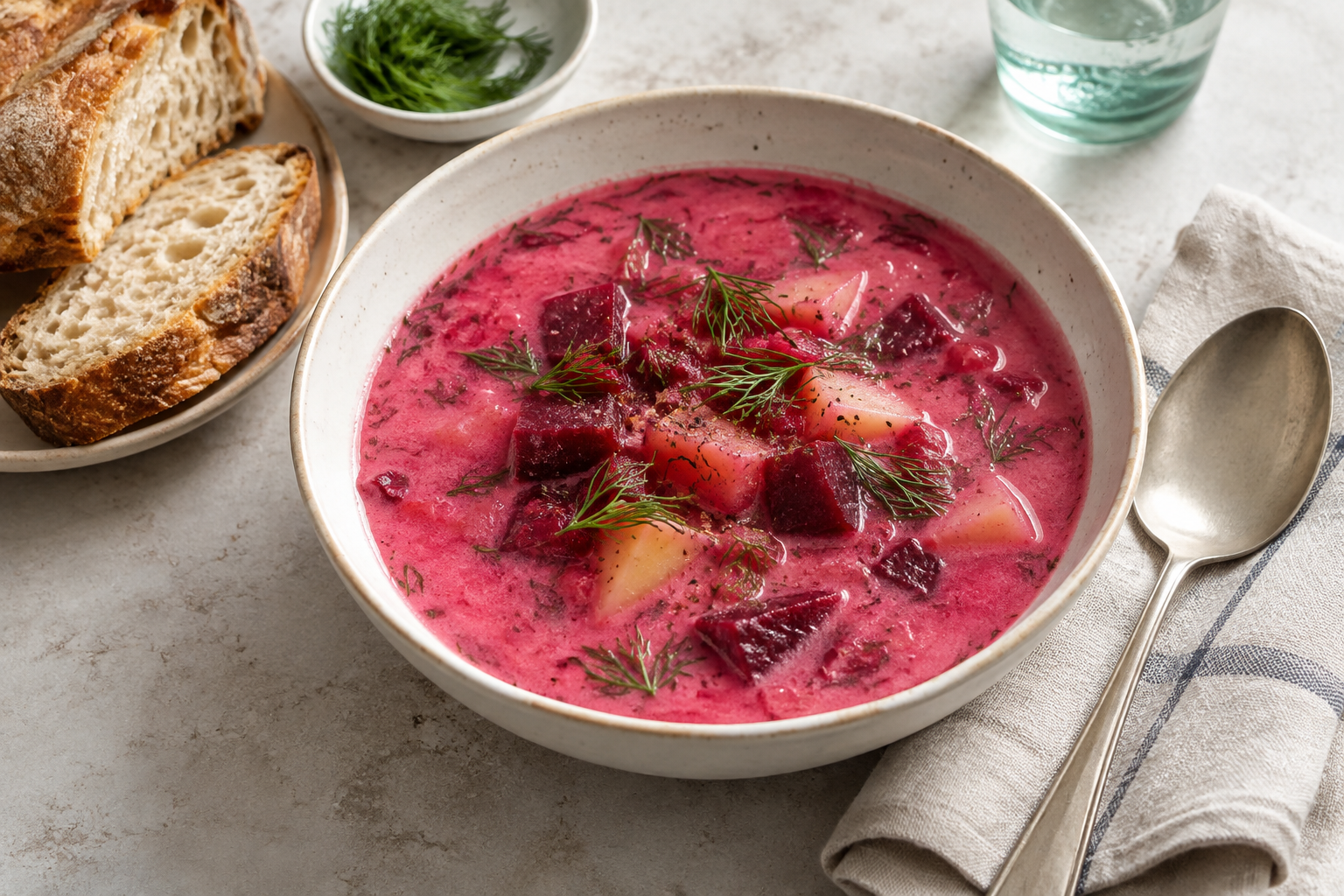 Creamy Beet Juice and Potato Soup with Dill